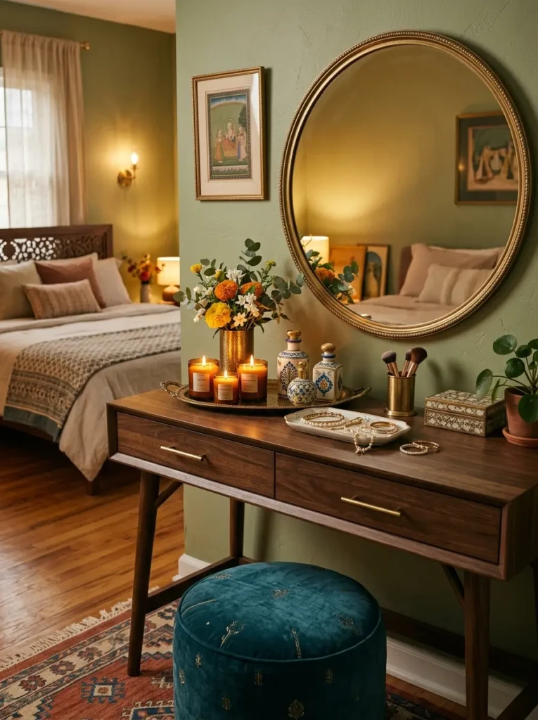 Sleek wooden dressing table with round brass mirror, candles, perfume bottles, and a velvet pouf in a modern Indian bedroom.