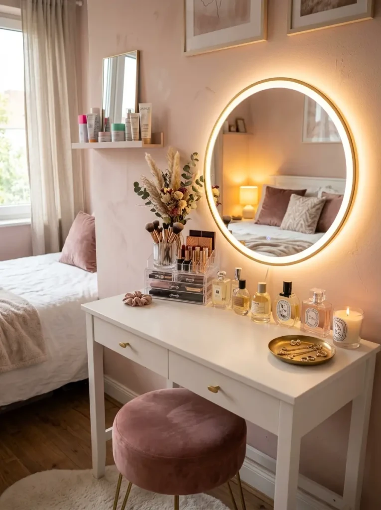 Elegant bedroom vanity with LED mirror, white desk, velvet stool, perfume trays, and warm ambient lighting.