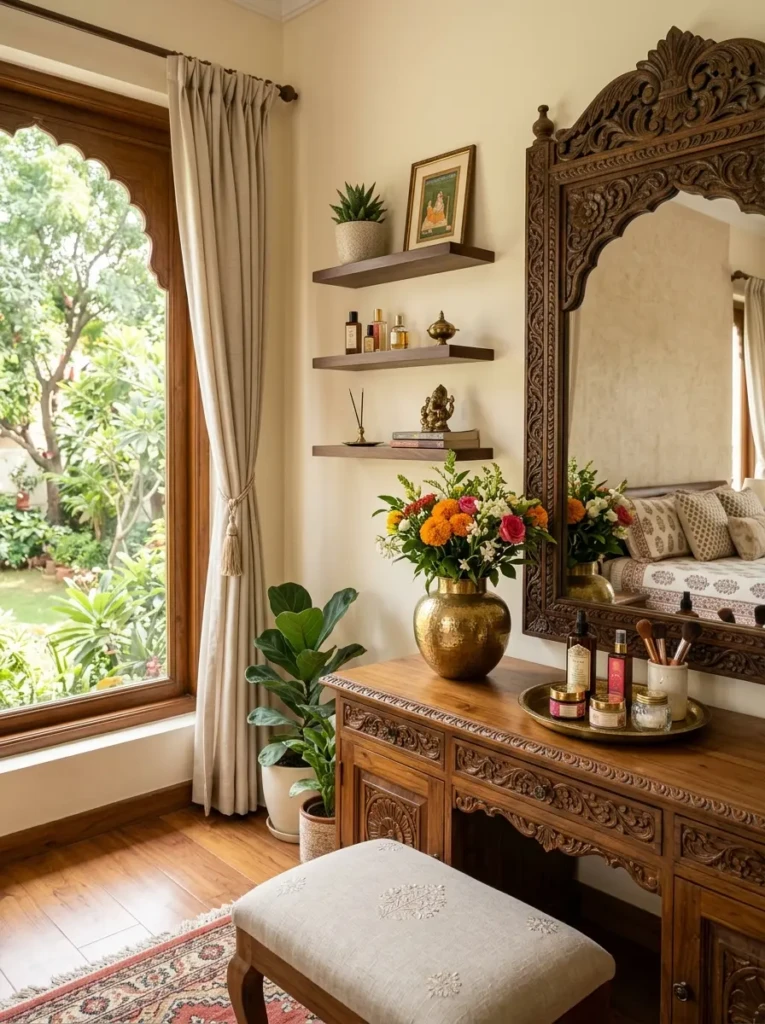Sunlit bedroom vanity with carved mirror frame, floating shelves, brass vase, flowers, and skincare trays.