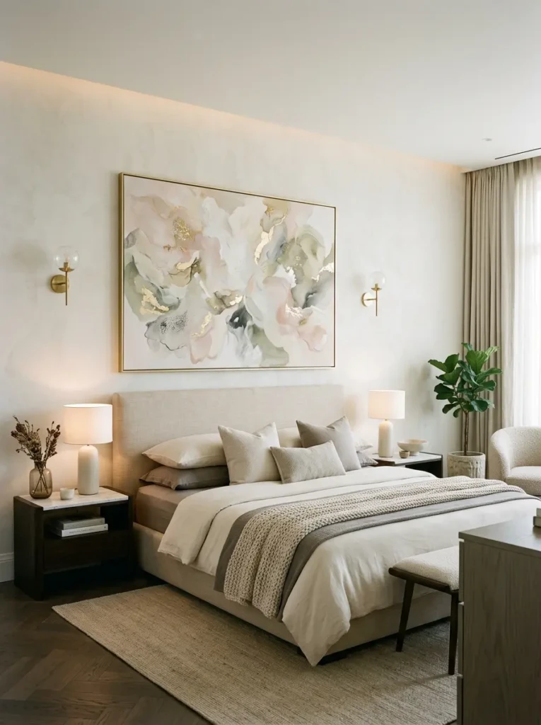 A luxury bedroom featuring large abstract artwork in neutral tones and a refined aesthetic