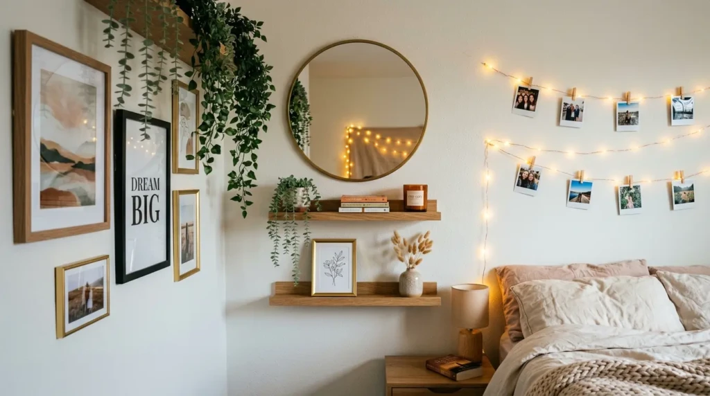 Small bedroom wall styled with framed prints, floating shelves, greenery, mirror reflection, and fairy lights clipped with photos.
