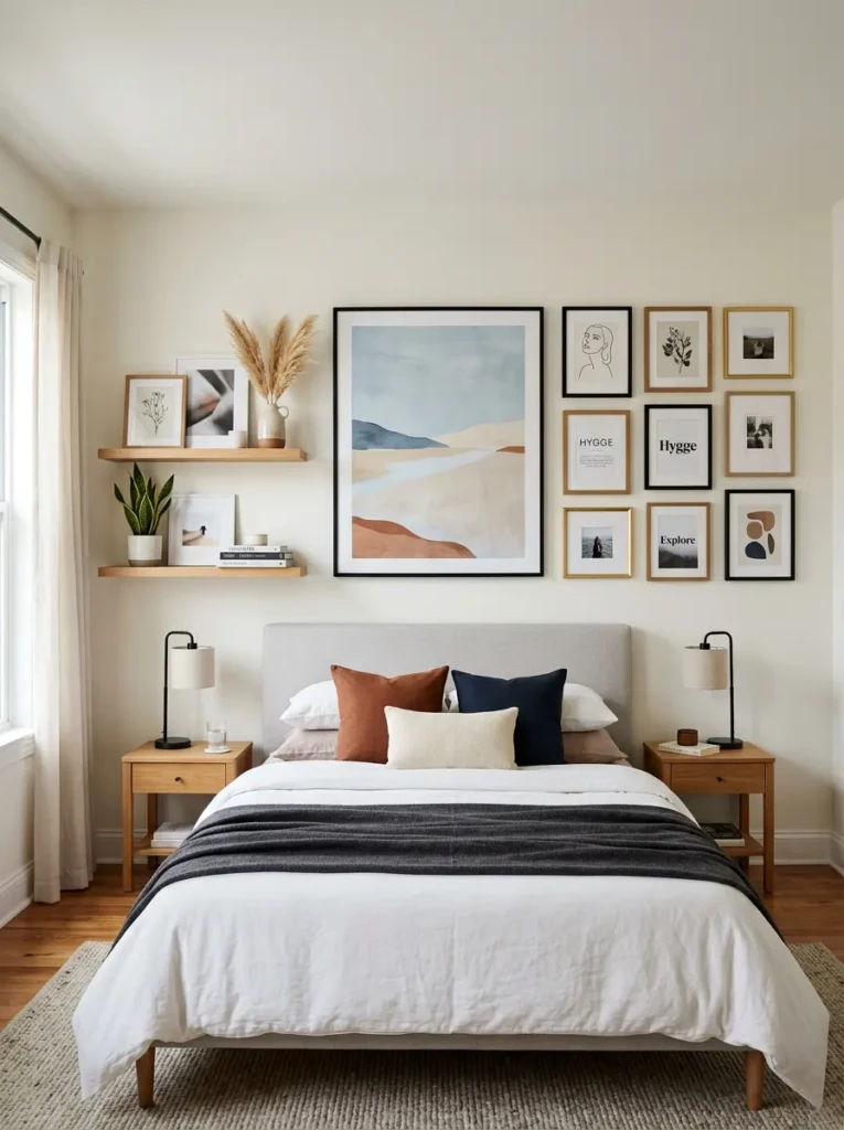 Bedroom wall showing oversized framed posters, gallery wall arrangement, and floating shelf art layout ideas.