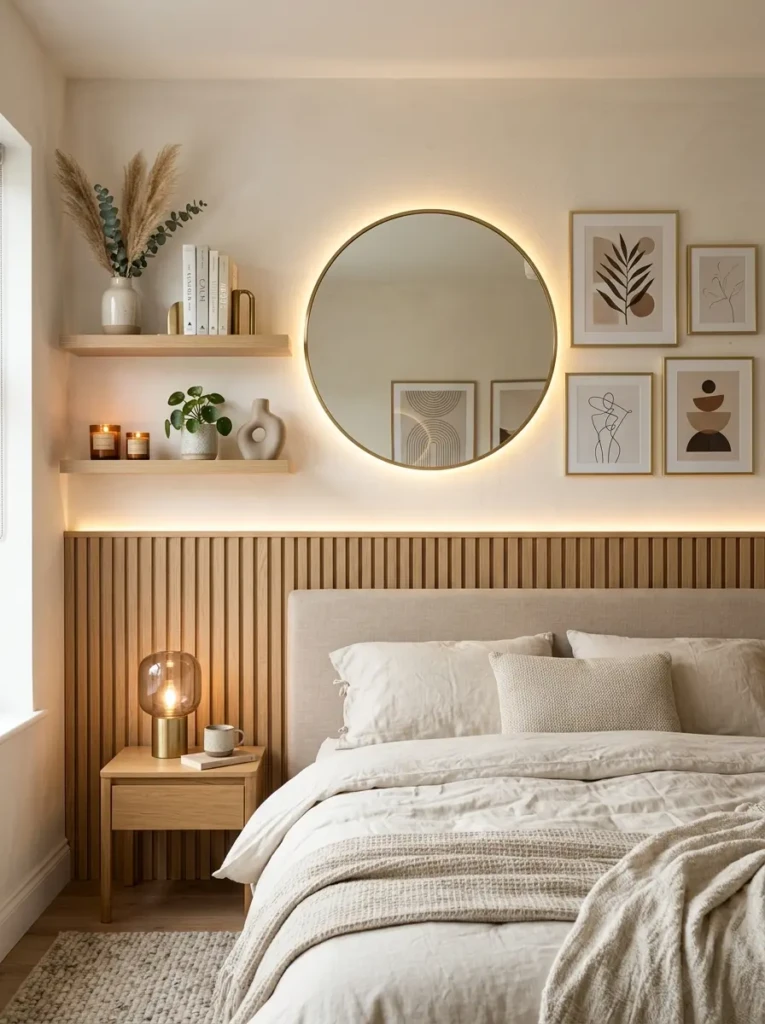 Stylish bedroom wall with framed art, mirror, floating shelves, and LED lighting showing wall design ideas bedroom inspiration.