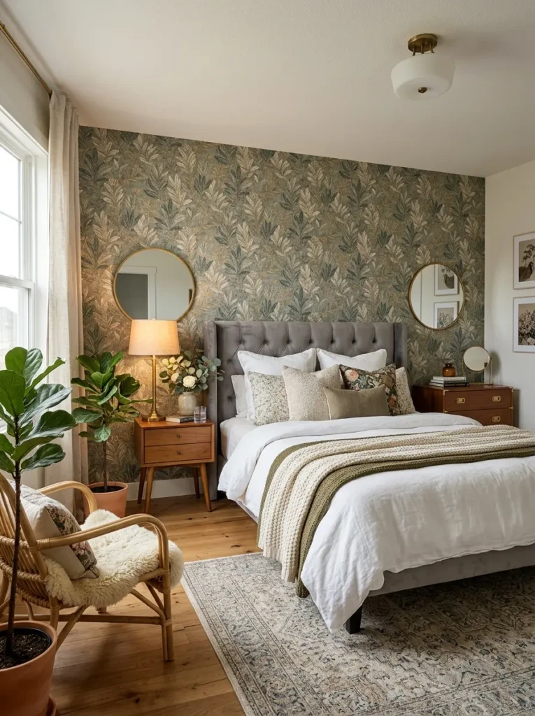 A beautifully designed bedroom showcasing a complete wallpaper transformation