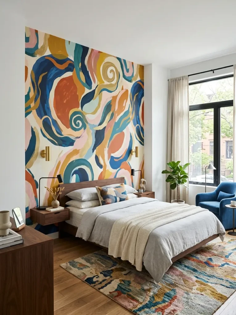 A modern bedroom featuring colorful abstract wallpaper, minimal furniture, and a creative, expressive vibe.