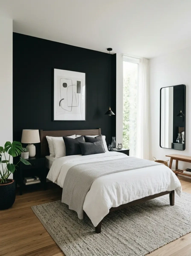 A modern bedroom featuring a black accent wall behind the bed, paired with white walls, neutral bedding, and simple decor.