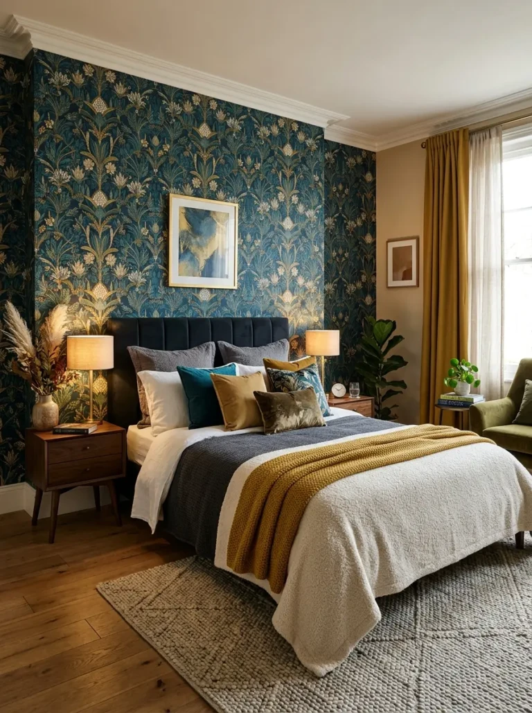 Beautiful bedroom with bold wallpaper accent wall, layered bedding, and warm lighting