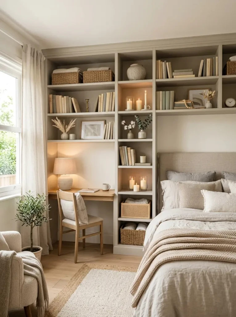 Soft bedroom shelves with muted books, woven storage boxes, and candles.