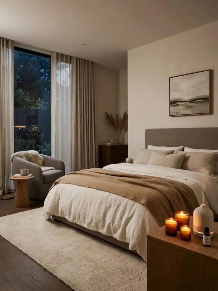 Cozy bedroom with candles and diffusers creating a calm, spa-like atmosphere