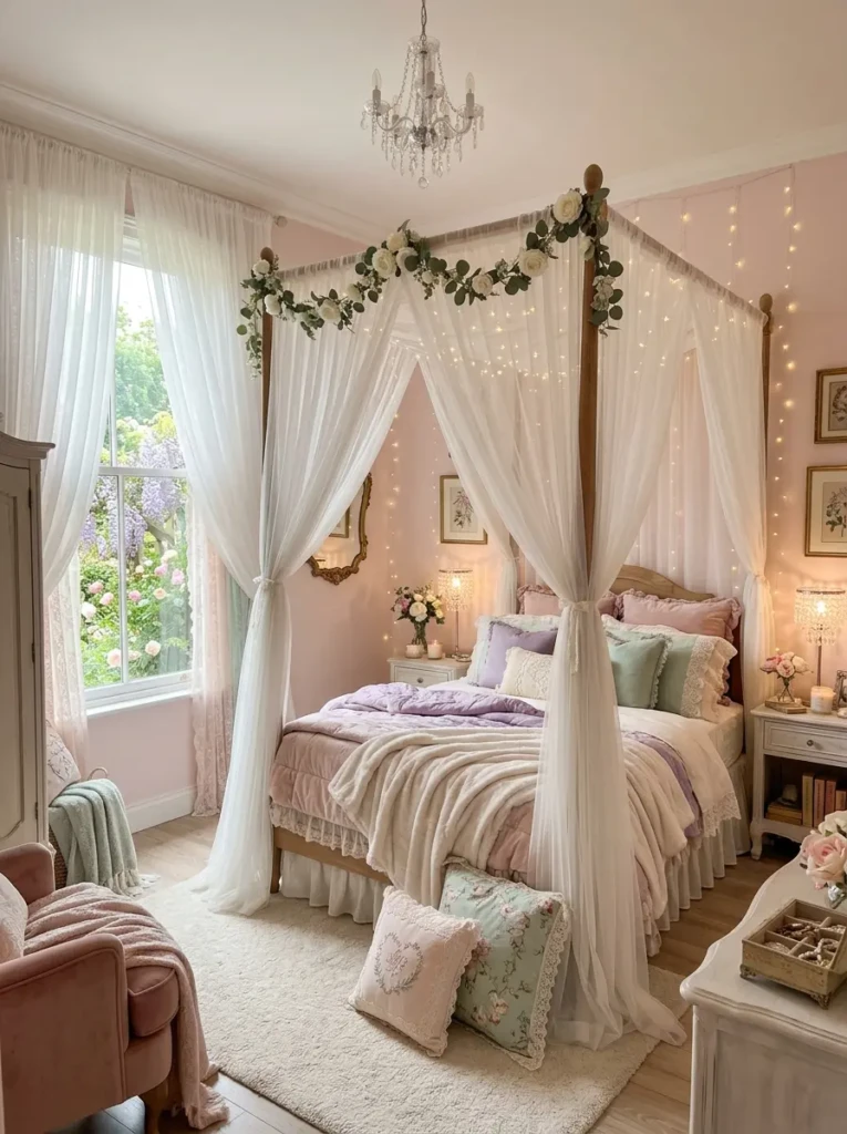 Bed with white sheer canopy, flowing chiffon curtains, and dreamy romantic fairy room styling.