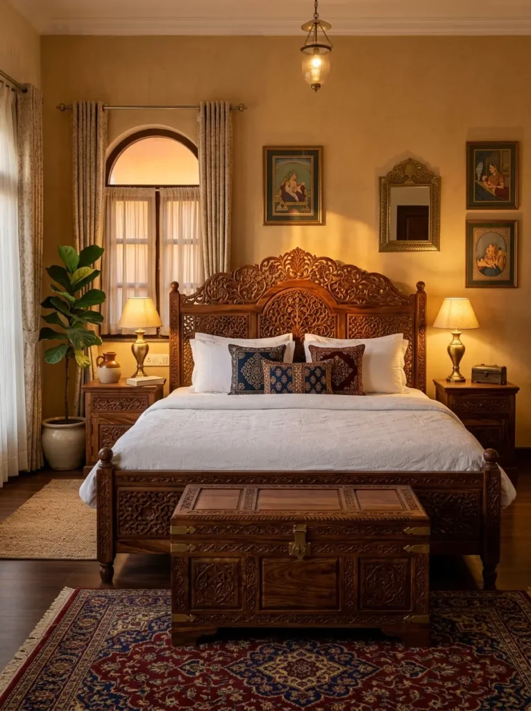 Elegant Indian bedroom with carved Sheesham wood bed, wooden side tables, white bedding, and handcrafted furniture details.