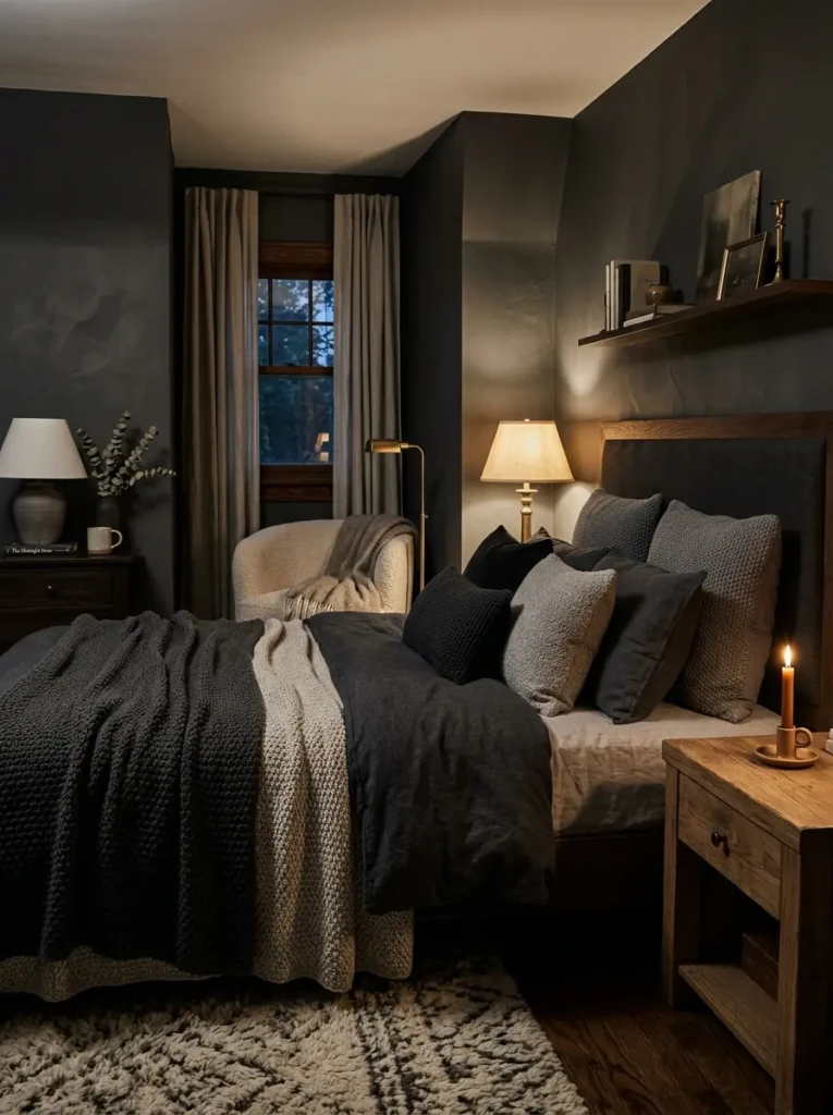A moody color full bedroom with charcoal walls, warm lighting, and soft layered textures