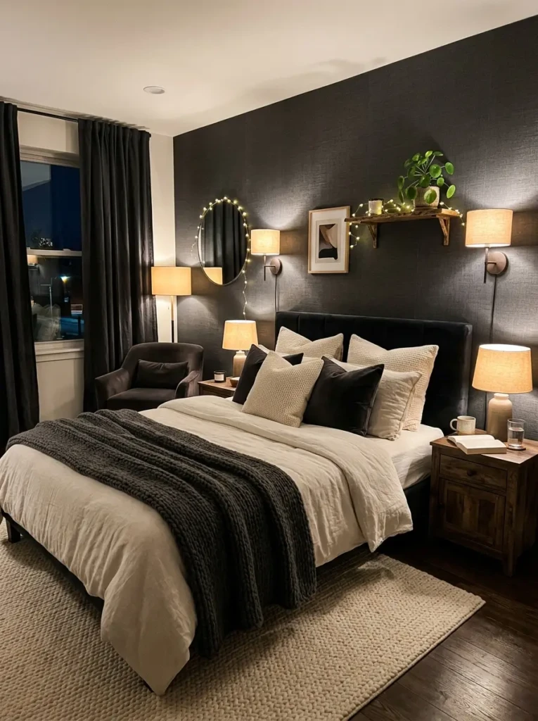 A bedroom with charcoal wallpaper, warm bedside lighting, and layered cozy textures