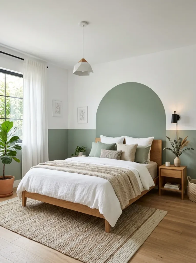 A contemporary color full bedroom with geometric color-blocked walls in sage green and white tones