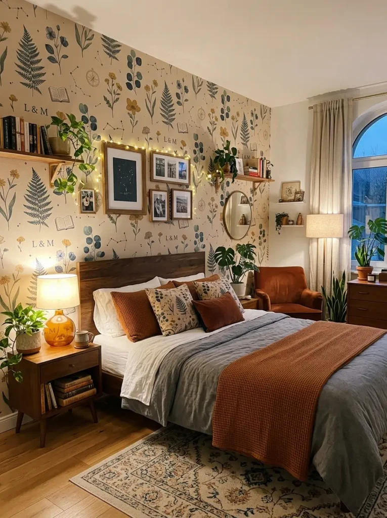 A unique bedroom featuring custom wallpaper with personal patterns, warm lighting, and a cohesive color scheme.