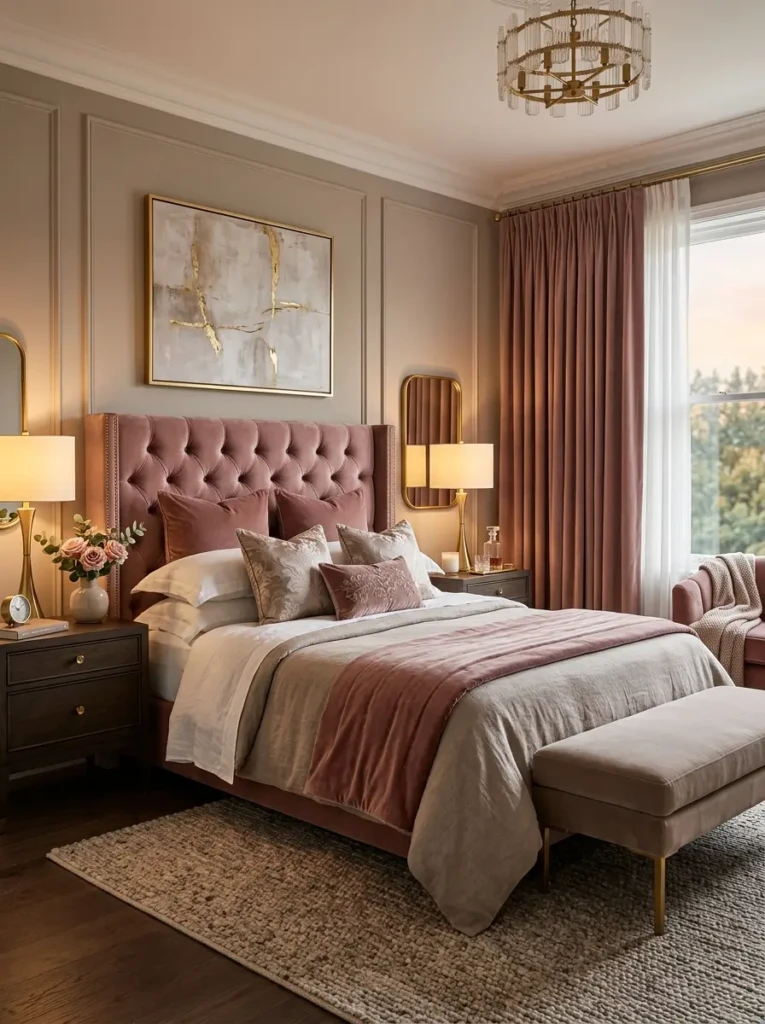 An elegant bedroom with dusty rose accents, taupe tones, velvet textures, and warm lighting for a refined look