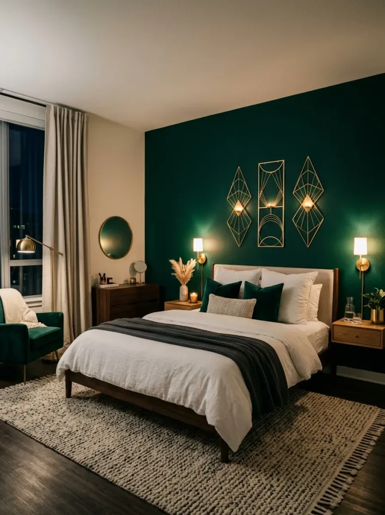 A stylish color full bedroom featuring a bold emerald green accent wall with neutral decor and warm lighting