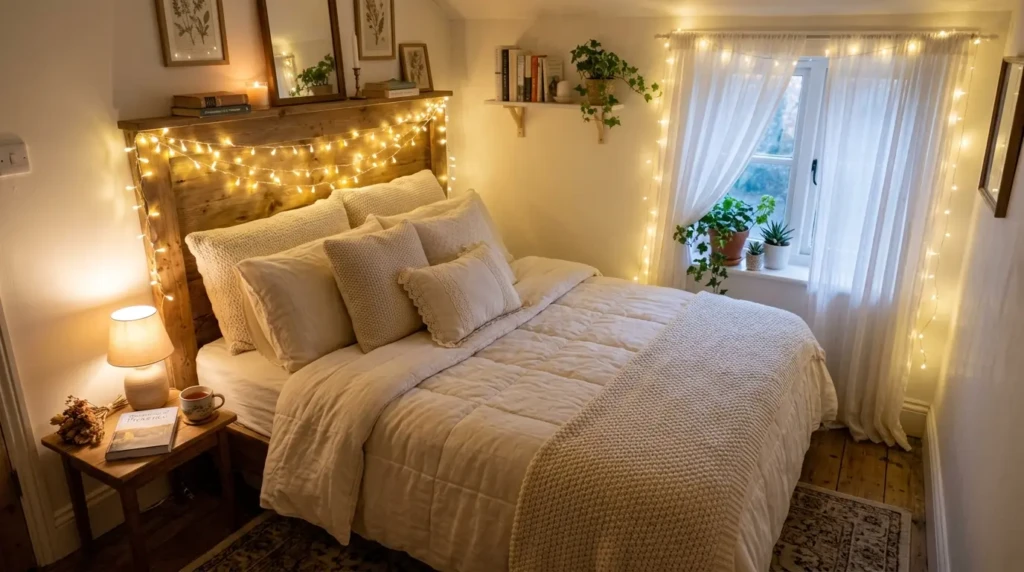 Tiny bedroom with warm white fairy lights around the headboard and window, sheer curtains, cream bedding, and soft ambient lighting.