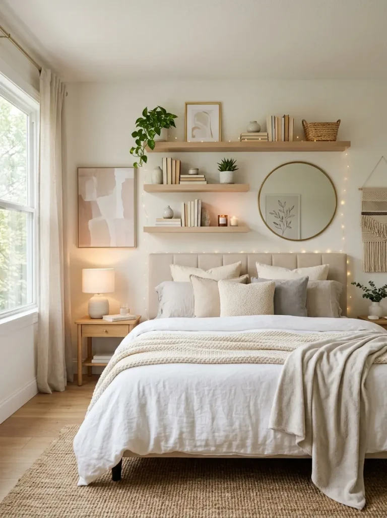 A peaceful bedroom with multiple floating shelves, neutral bedding, warm lighting, and elegant wall decor.