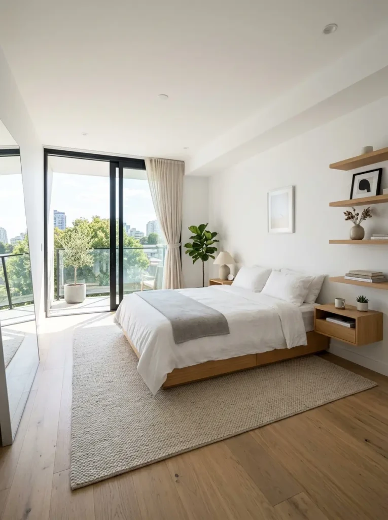 A bright modern bedroom featuring floating nightstands, wall-mounted shelves, minimal decor, and natural light for a spacious and uncluttered feel.