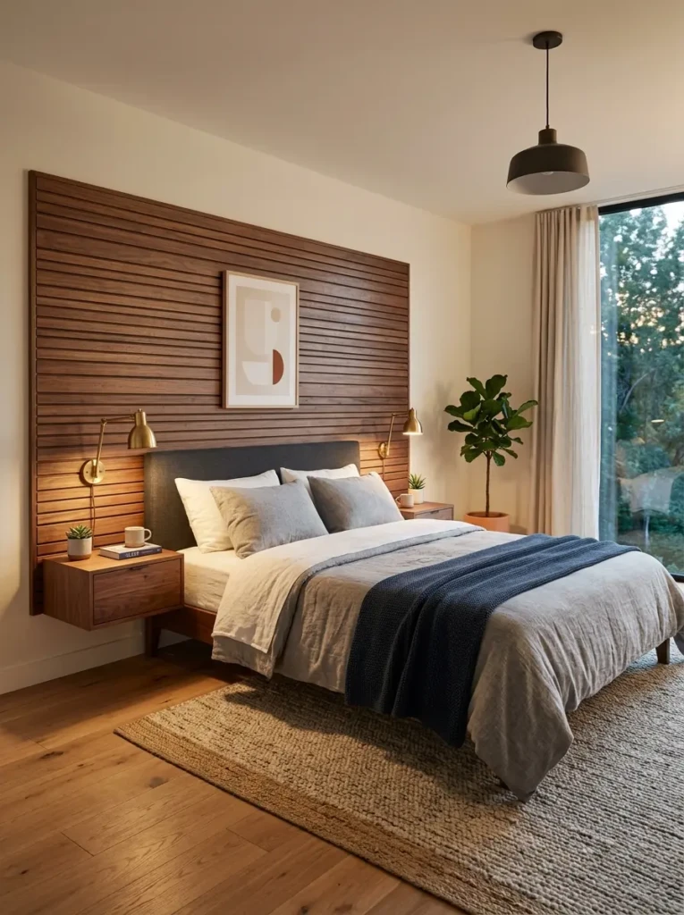 Cozy modern bedroom with sleek floating nightstands and a clean, uncluttered design