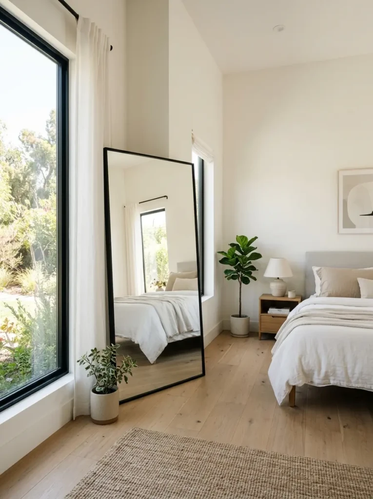 A modern bedroom with a large floor mirror placed near a window, reflecting sunlight to create a brighter and more spacious feel.