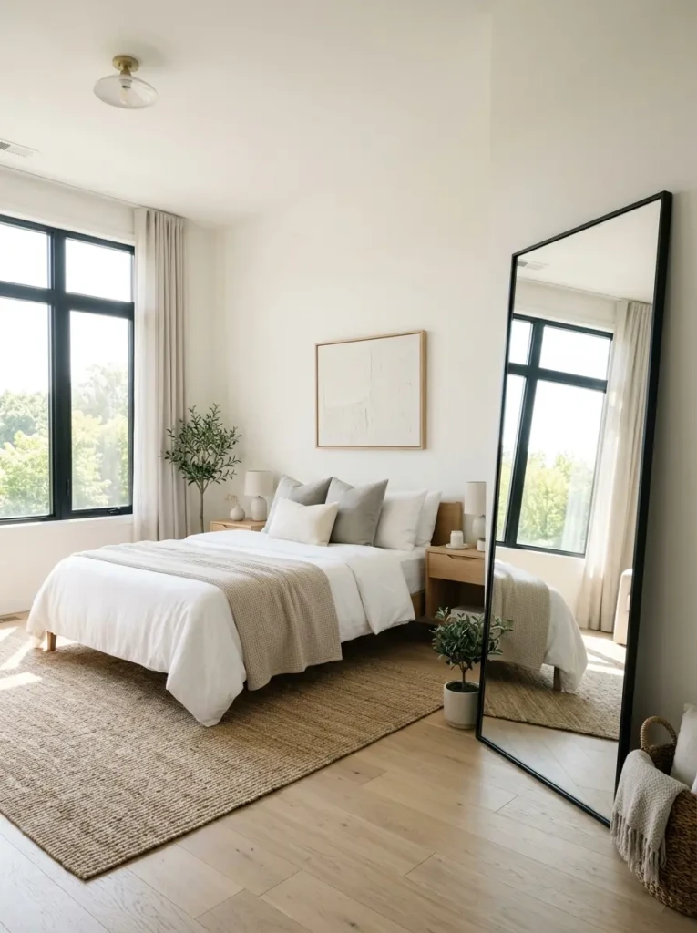 Bright bedroom with a large mirror reflecting light and creating an open, airy feel
