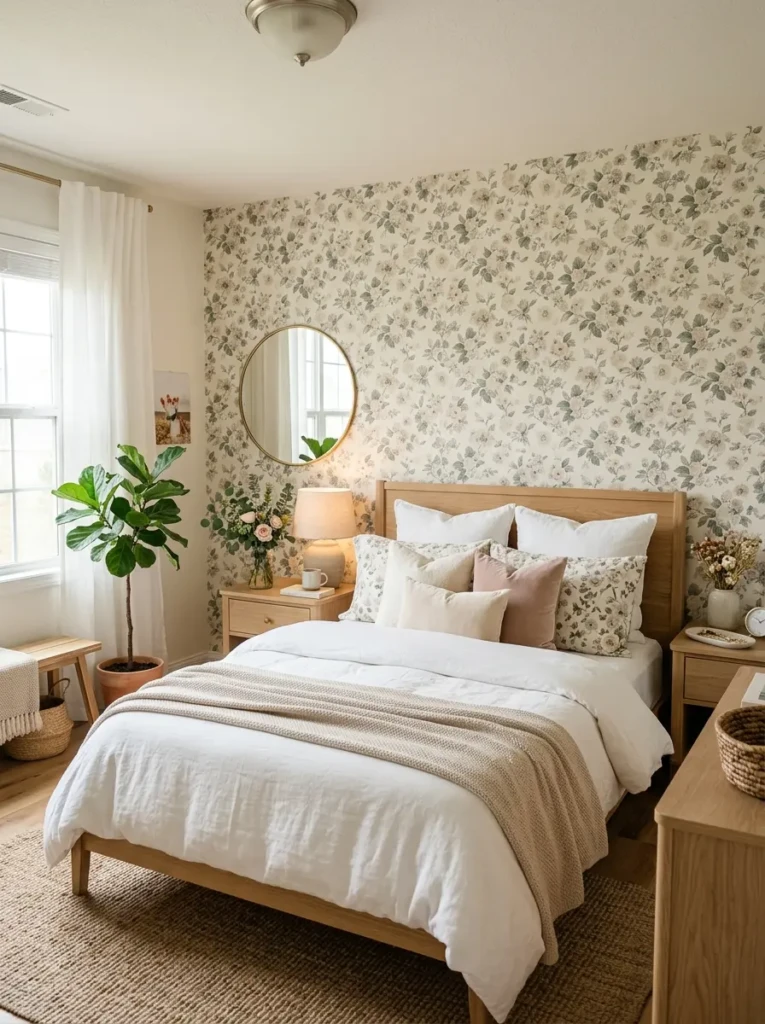 Bedroom with floral accent wall, neutral bedding, and light wood furniture