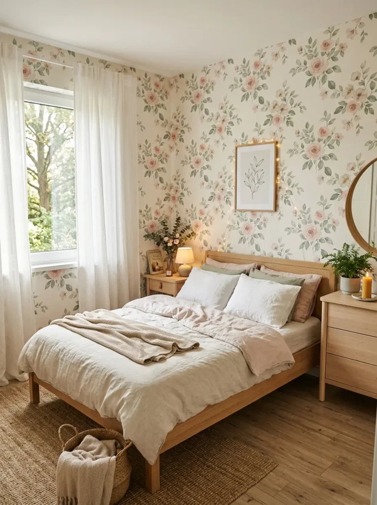 A soft and airy bedroom with watercolor floral wallpaper in blush pink and sage green, paired with light linen bedding and natural sunlight.