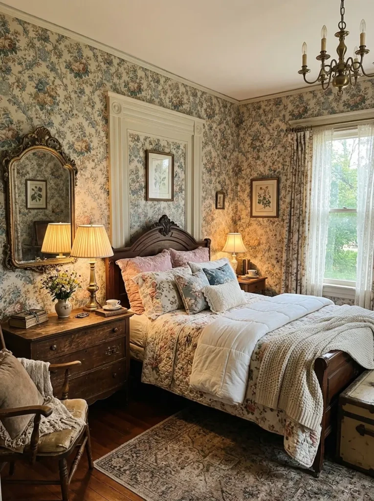 A charming bedroom with vintage floral wallpaper, antique mirror, brass decor, and warm layered bedding.