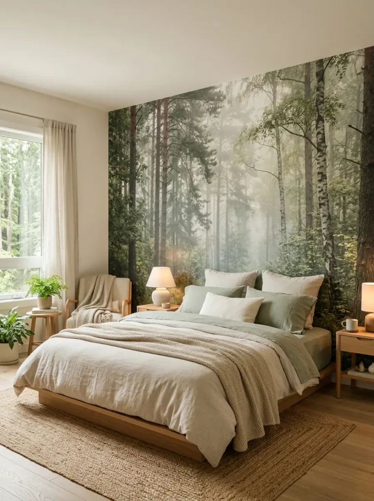 A calming bedroom with a large forest mural wallpaper, soft decor, and natural tones creating a tranquil atmosphere.