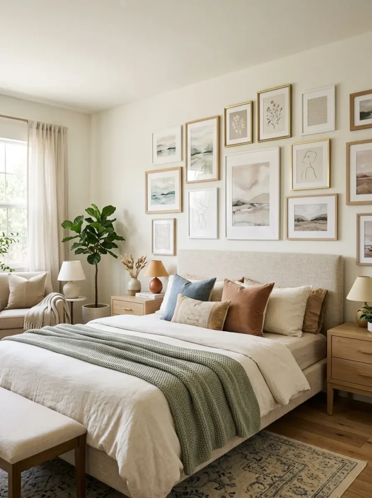 A bedroom wall with framed soft-toned artwork arranged in a cohesive and stylish layout