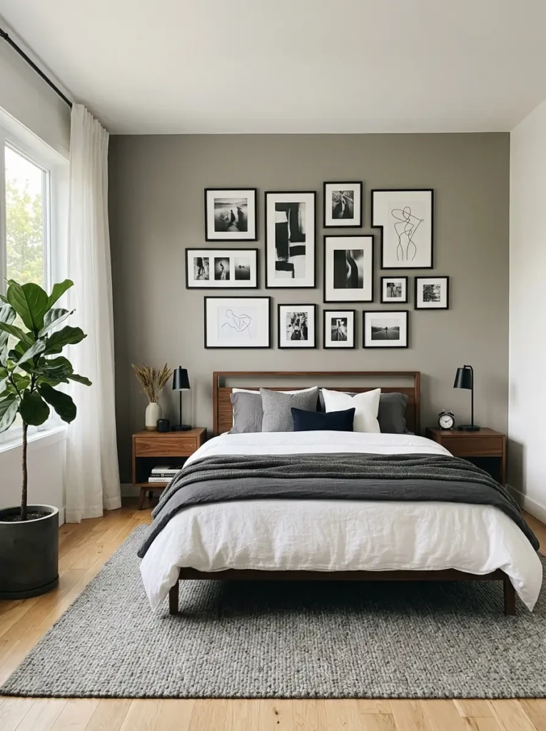 A modern bedroom featuring a clean gallery wall with framed artwork, neutral tones, and a balanced minimalist design.