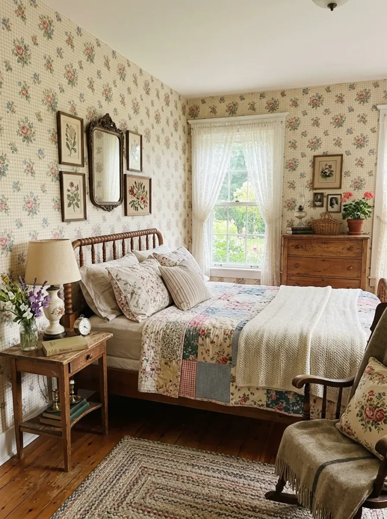 A charming bedroom with gingham or floral wallpaper, rustic decor, and a nostalgic cozy feel