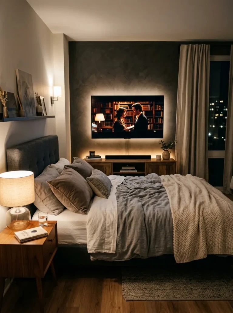 Modern bedroom TV wall ideas with luxury style, sleek panels, and smart storage for a cozy, hotel-inspired look.