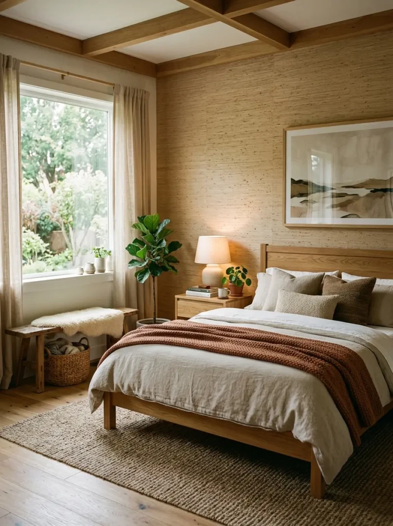 A warm bedroom with textured grasscloth wallpaper, wooden furniture, and soft neutral decor creating a grounded feel.
