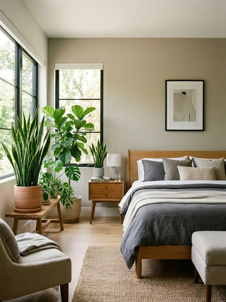 A modern bedroom with indoor plants, natural sunlight, and neutral decor creating a fresh and lively atmosphere.