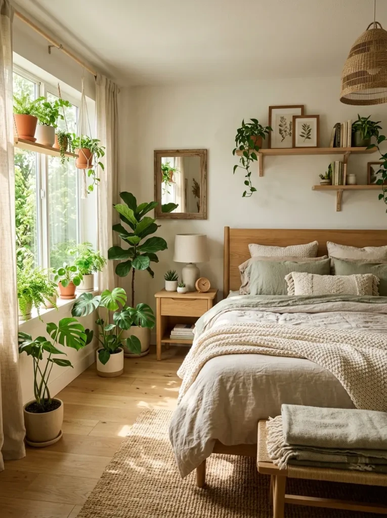 A modern bedroom with green plants, natural wood elements, earthy tones, and sunlight creating a fresh, calming, and organic environment.
