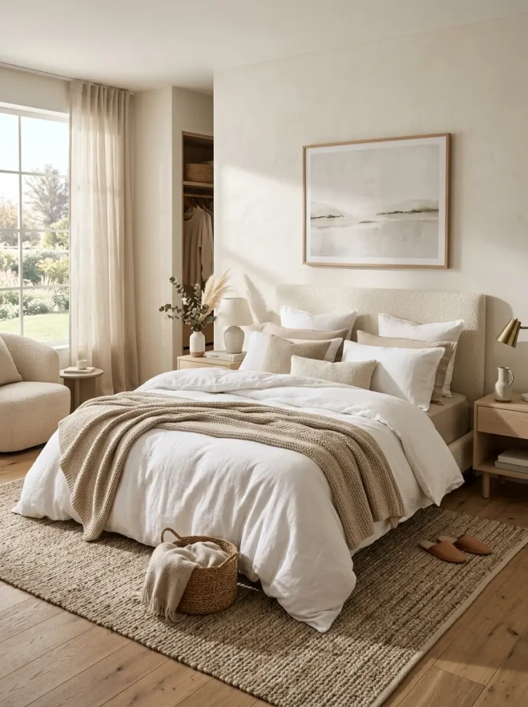 Plush modern luxury bedroom bed with layered white bedding, soft pillows, and a cozy neutral aesthetic