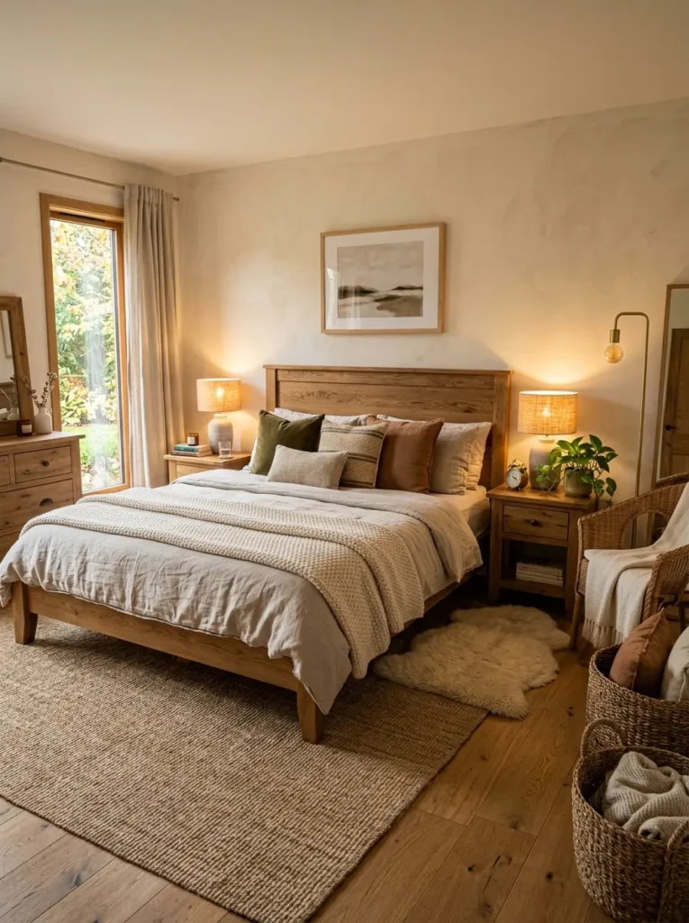 A warm bedroom featuring a king size wooden bed frame, earthy tones, woven textures, and soft lighting for a natural cozy feel