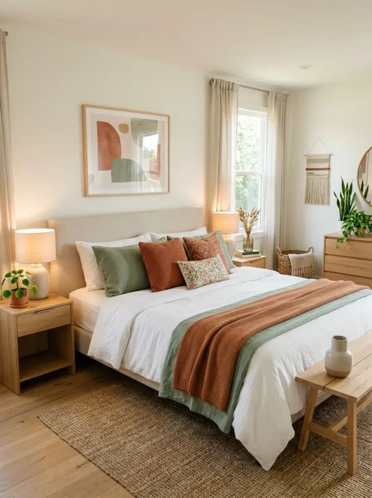 A neutral bedroom with a king size bed enhanced by colorful pillows and a vibrant throw blanket adding personality and warmth
