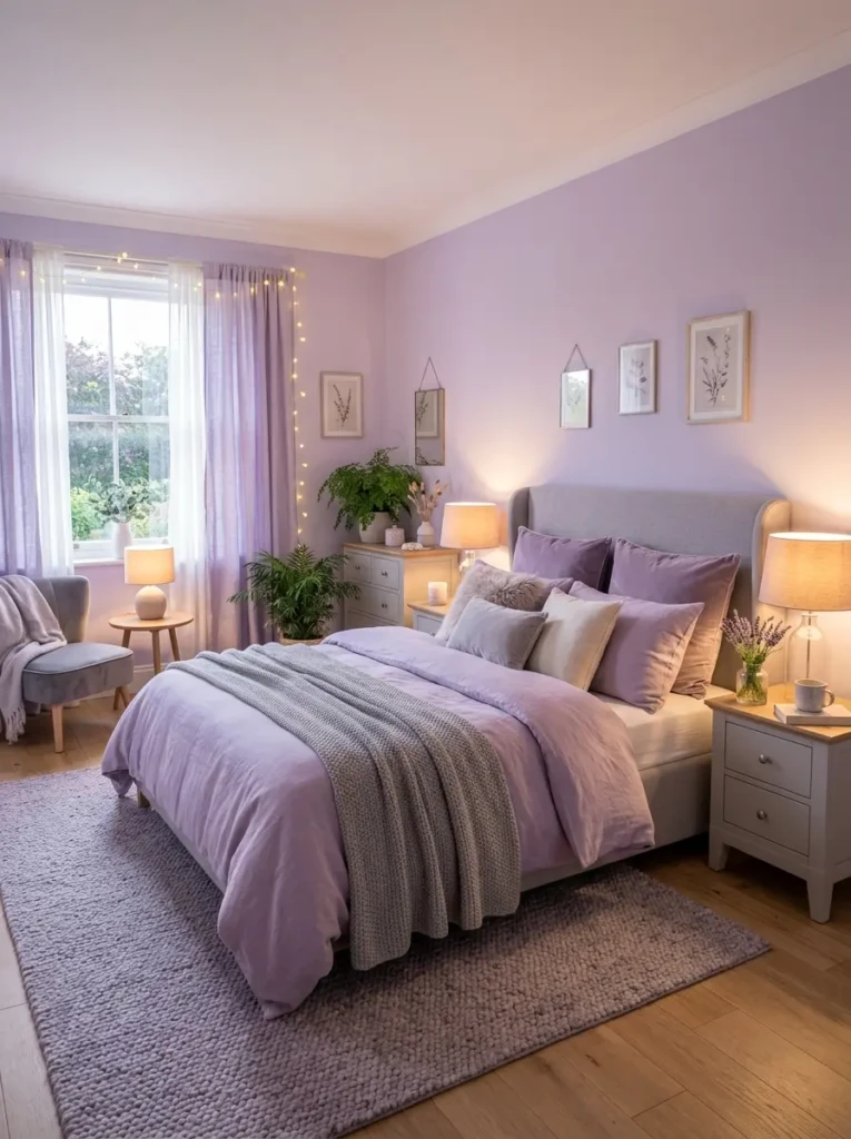 A soft and relaxing bedroom with lavender tones, grey furniture, plush bedding, and gentle lighting for a peaceful vibe