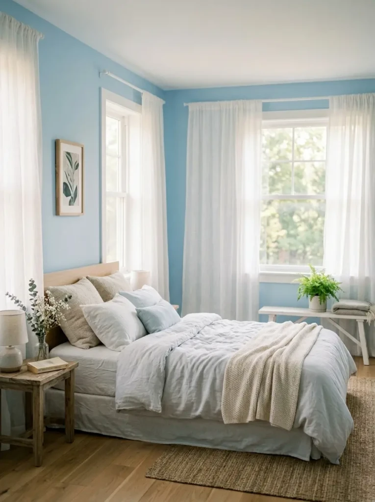 Airy bedroom with light blue walls and flowing white sheer curtains glowing in natural sunlight for a dreamy ambiance