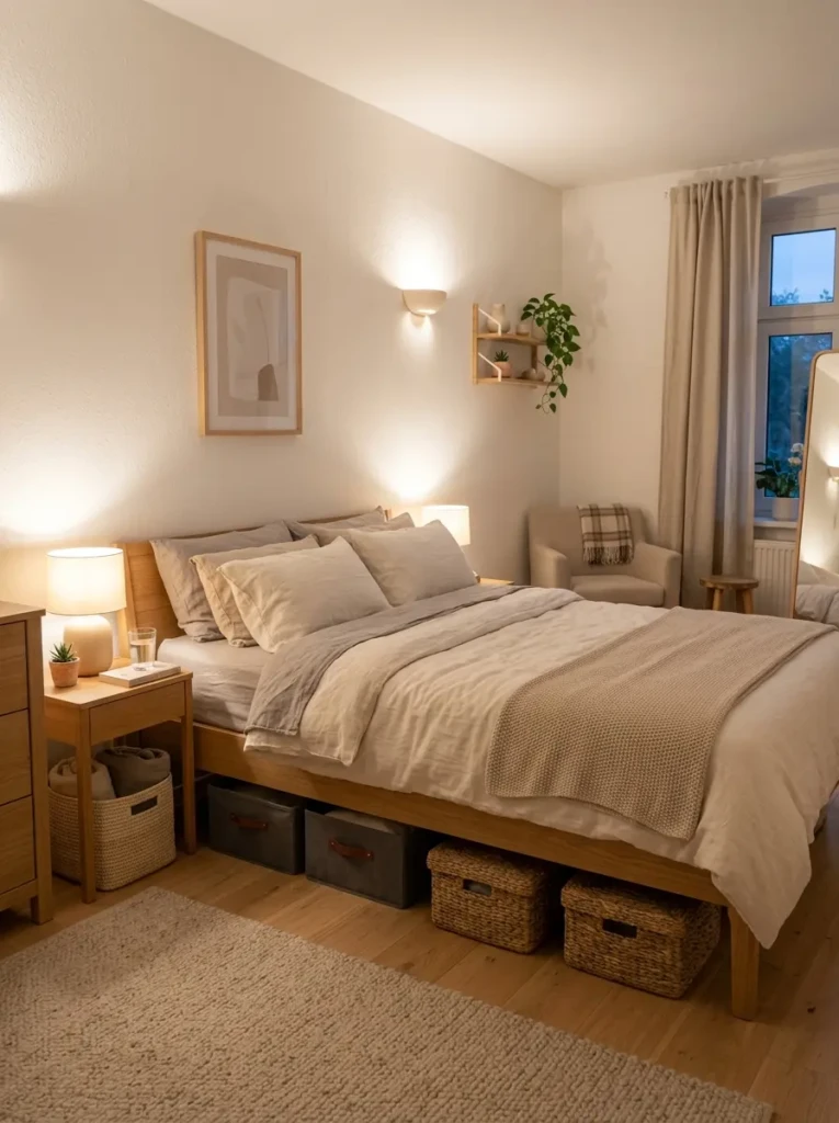 A cozy bedroom with neutral bedding and discreet storage boxes placed neatly under the bed for hidden organization.