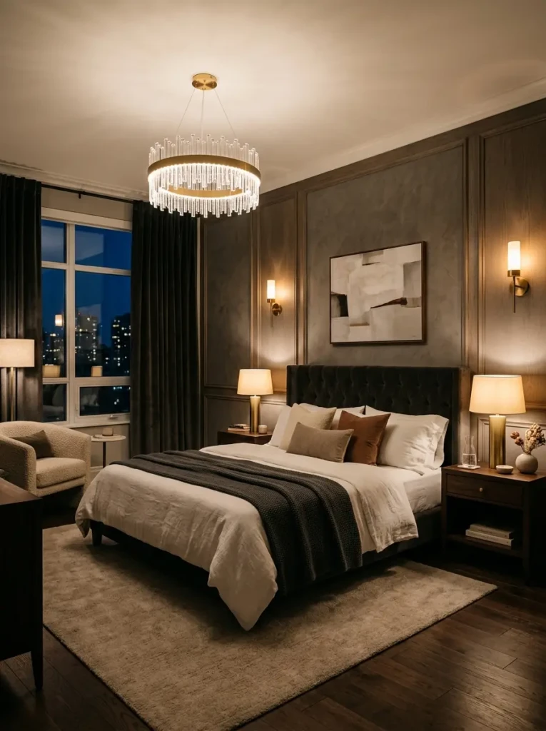 A luxury bedroom with bedside lamps, wall sconces, and warm lighting creating a soft cozy glow