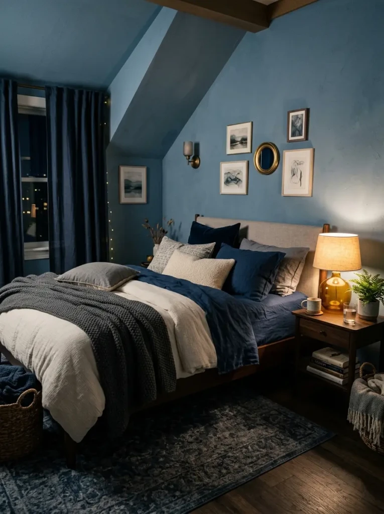 Bedroom with dusty light blue walls, warm ambient lighting, and layered bedding creating a cozy and intimate space