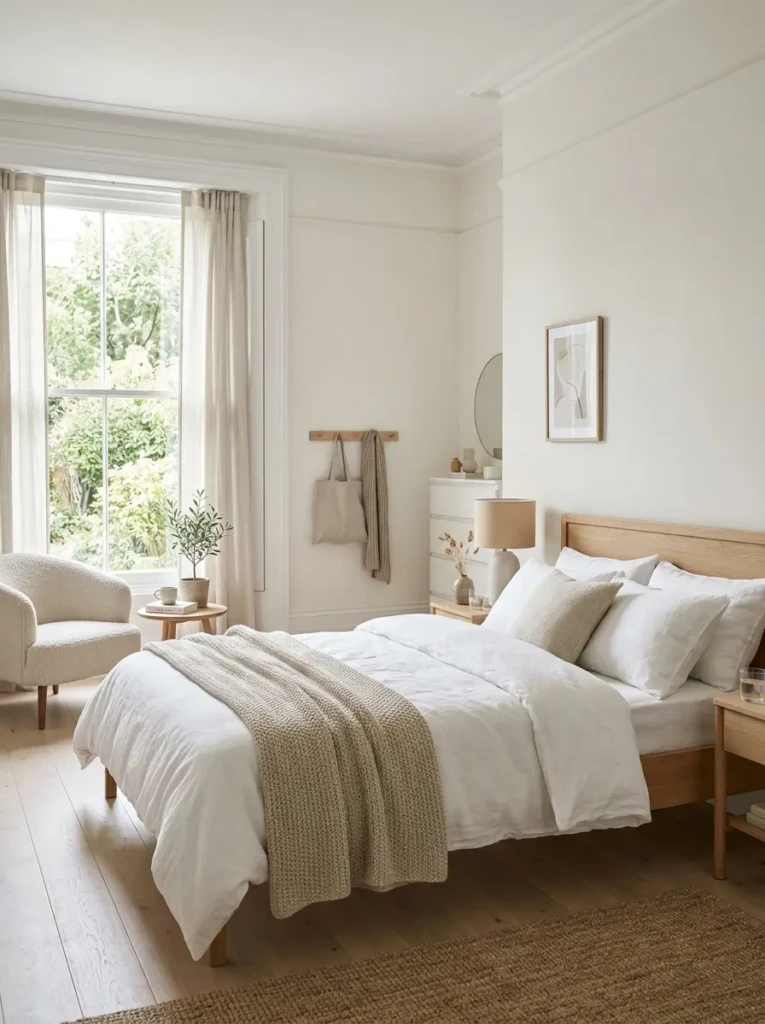 Modern white bedroom with soft warm white walls, bright daylight, and a calm minimalist design.