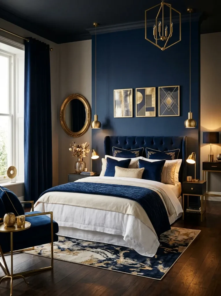 A luxurious bedroom featuring a navy blue accent wall, gold decor accents, velvet cushions, and soft lighting for a bold look