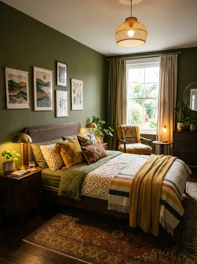 A stylish bedroom with olive green tones, mustard accents, dark wood furniture, and warm lighting for a cozy atmosphere
