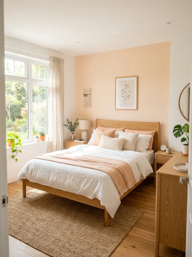 A cheerful bedroom with peach tones, white decor, natural light, and soft textures creating a warm and inviting space